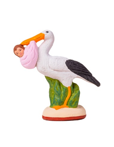 Santon  Cigogne et bébé (rose) Collection 7cm